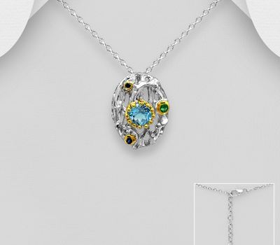 ADIORE JEWELS - 925 Sterling Silver Necklace, Decorated with Blue Sapphire, Emerald and Sky-Blue Topaz, Plated with 3 Micron 22K Yellow Gold and White Rhodium