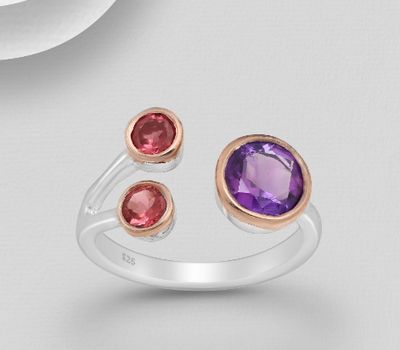 ADIORE JEWELS - 925 Sterling Silver Ring Decorated with Amethyst and Garnets, Plated with 3 Micron 22K Pink Gold and White Rhodium