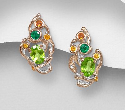 ADIORE JEWELS - 925 Sterling Silver Push-Back Earrings, Decorated with Emerald,  Yellow Sapphire and Peridot, Plated with 3 Micron 22K Pink Gold