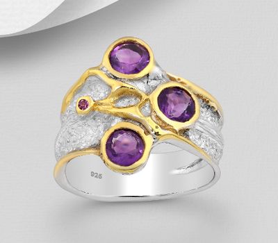ADIORE JEWELS - 925 Sterling Silver Ring Decorated with Amethysts and Rhodolite, Plated with 3 Micron 22K Yellow Gold and White Rhodium