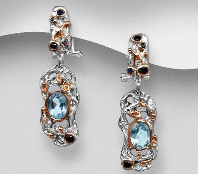 ADIORE JEWELS - 925 Sterling Silver Omega Lock Earrings, Decorated with Blue Sapphire and Sky-Blue Topaz, Plated with 3 Micron 22K Pink Gold and White Rhodium