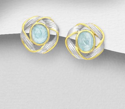 ADIORE JEWELS - 925 Sterling Silver Omega Lock Earrings Decorated with Aquamarines, Plated with 3 Micron 22K Yellow Gold and White Rhodium
