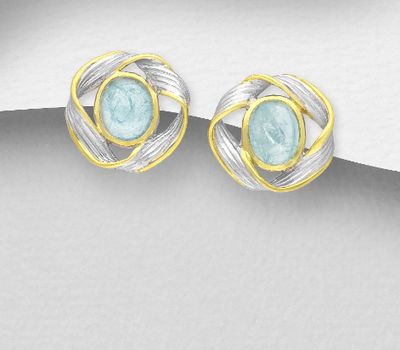 Şəkli böyütmək üçün tiklayın ADIORE JEWELS - 925 Sterling Silver Omega Lock Earrings Decorated with Aquamarines, Plated with 3 Micron 22K Yellow Gold and White Rhodium