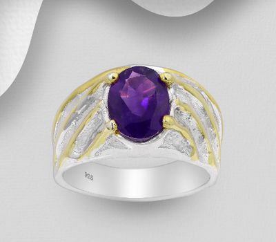 ADIORE JEWELS - 925 Sterling Silver Ring Decorated with Amethyst, Plated with 3 Micron 22K Yellow Gold and White Rhodium