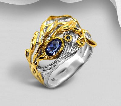 ADIORE JEWELS - 925 Sterling Silver Ring, Decorated with Blue Sapphire, Emerald and Tanzanite, Plated with 3 Micron 22K Yellow Gold