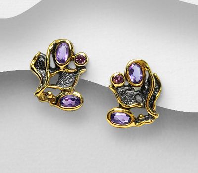 ADIORE JEWELS - 925 Sterling Silver Push-Back Earrings, Decorated with Amethyst and Rhodolite, Plated with 3 Micron 22K Yellow Gold and Grey Ruthenium