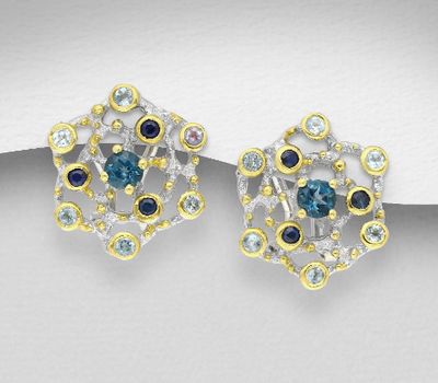 ADIORE JEWELS - 925 Sterling Silver Omega Lock Earrings Decorated with Blue Sapphires and London Blue Topaz, Plated with 3 Micron 22K Yellow Gold and White Rhodium