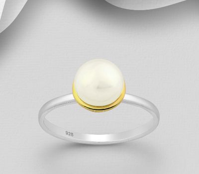 ADIORE JEWELS - 925 Sterling Silver Ring, Decorated with Freshwater Pearl, Plated with 3 Micron 22K Yellow Gold and White Rhodium