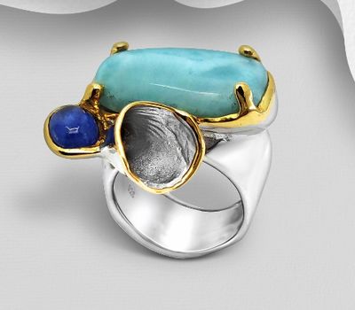ADIORE JEWELS - 925 Sterling Silver Ring, Decorated with Blue Sapphire and Larimar, Plated with 3 Micron 22K Yellow Gold