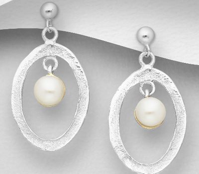 ADIORE JEWELS - 925 Sterling Silver Push-Back Oval Earrings Decorated with Freshwater Pearls, Plated with 3 Micron 22K Yellow Gold and White Rhodium