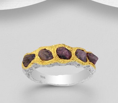 ADIORE JEWELS - 925 Sterling Silver Ring Decorated with Pink Tourmalines, Plated with 3 Micron 22K Yellow Gold and Grey Ruthenium