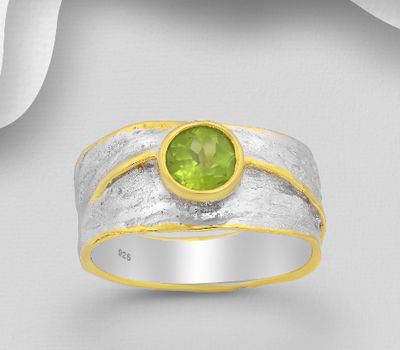 ADIORE JEWELS - 925 Sterling Silver Band Ring, Decorated with Peridot, Plated with 3 Micron 22K Yellow Gold and White Rhodium