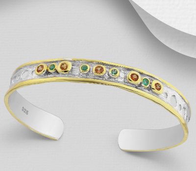 ADIORE JEWELS - 925 Sterling Silver Cuff Decorated with Orange Sapphires and Emeralds, Plated with 3 Micron 22K Yellow Gold and White Rhodium