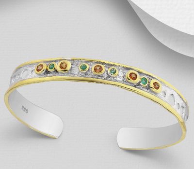 Şəkli böyütmək üçün tiklayın ADIORE JEWELS - 925 Sterling Silver Cuff Decorated with Orange Sapphires and Emeralds, Plated with 3 Micron 22K Yellow Gold and White Rhodium