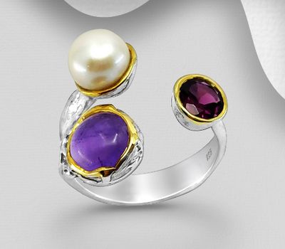 ADIORE JEWELS - 925 Sterling Silver Adjustable Ring, Decorated with Freshwater Pearl, Amethyst and Rhodolite, Plated with 3 Micron 22K Yellow Gold