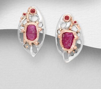 ADIORE JEWELS - 925 Sterling Silver British / Omega Lock Earrings Decorated with Red Sapphires and Ruby, Plated with 3 Micron 22K Pink Gold and Grey Ruthenium
