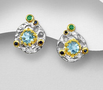 ADIORE JEWELS - 925 Sterling Silver Push-Back Earrings, Decorated with Blue Sapphires, Emerald and Sky-Blue Topaz, 3 Micron 22K Yellow Gold and White Rhodium