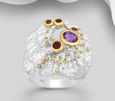 ADIORE JEWELS - 925 Sterling Silver Ring, Decorated with Amethyst, Garnets and Rhodolites, plated with 3 Micron 22K Yellow Gold and White Rhodium