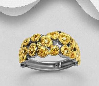 ADIORE JEWELS - 925 Sterling Silver Ring, Decorated with Orange Sapphires, Plated with 3 Micron 22K Yellow Gold and Black Rhodium