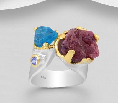 ADIORE JEWELS - 925 Sterling Silver Ring Decorated with Ruby, Blue Apatite and Tanzanite, Plated with 3 Micron 22K Yellow Gold and White Rhodium