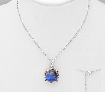 ADIORE JEWELS - 925 Sterling Silver Necklace, Decorated with Blue Sapphires and Spectrolite, Plated with 3 Micron 22K Pink Gold and White Rhodium