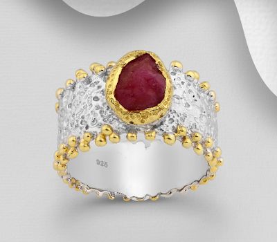 ADIORE JEWELS - 925 Sterling Silver Ring Decorated with Ruby, Plated with 3 Micron 22K Yellow Gold and White Rhodium