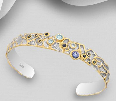 ADIORE JEWELS - 925 Sterling Silver Cuff, Decorated with Blue Sapphire, Sky-Blue Topaz and Tanzanites, Plated with 3 Micron 22K Yellow Gold and White Rhodium