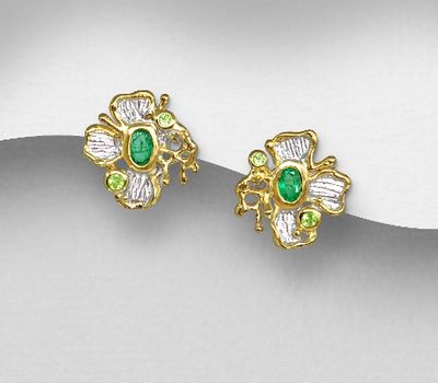ADIORE JEWELS - 925 Sterling Silver Push-Back Earrings, Decorated with Emerald and Peridot, Plated with 3 Micron 22K Yellow Gold