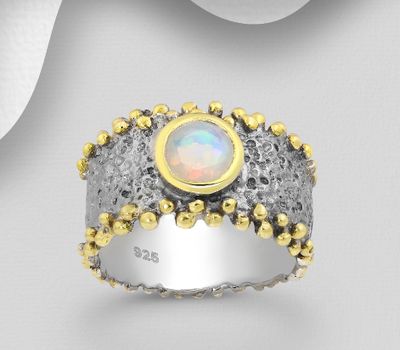 ADIORE JEWELS - 925 Sterling Silver Ring Decorated with Ethiopian Opal, Plated with 3 Micron 22K Yellow Gold and Grey Ruthenium