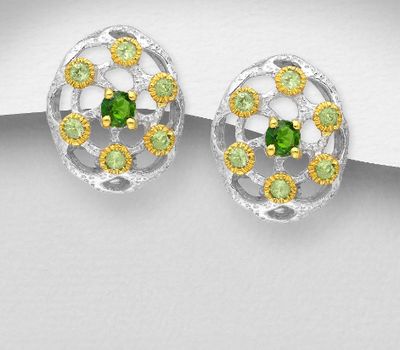 ADIORE JEWELS - 925 Sterling Silver Omega Lock Earrings Decorated with Chrome Diopside and Peridots, Plated with 3 Micron 22K Yellow Gold and White Rhodium