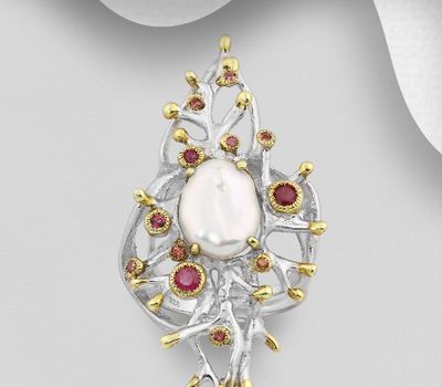 ADIORE JEWELS - 925 Sterling Silver Ring Decorated with Keshi Pearl and Orange Sapphires, Plated 3 Micron 22K Yellow Gold and White Rhodium