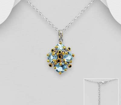 ADIORE JEWELS - 925 Sterling Necklace, Decorated with Blue Sapphire and Sky-Blue Topaz, Plated with 3 Micron 22K Yellow Gold and White Rhodium
