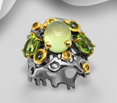 ADIORE JEWELS - 925 Sterling Silver Ring, Decorated with Yellow Sapphire, Peridot and Prehnite, Plated with 3 Micron 22K Yellow Gold and Grey Ruthenium