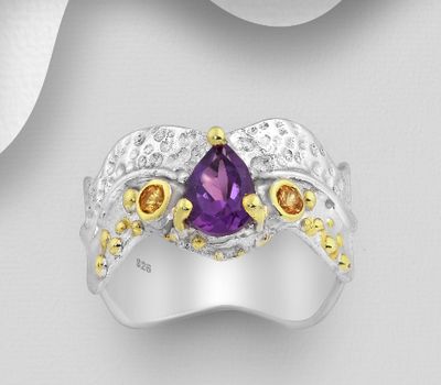 ADIORE JEWELS - 925 Sterling Silver Ring Decorated with Orange Sapphires and Amethyst, Plated with 3 Micron 22K Yellow Gold and White Rhodium