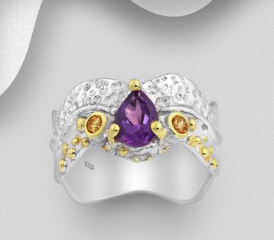 Şəkli böyütmək üçün tiklayın ADIORE JEWELS - 925 Sterling Silver Ring Decorated with Orange Sapphires and Amethyst, Plated with 3 Micron 22K Yellow Gold and White Rhodium
