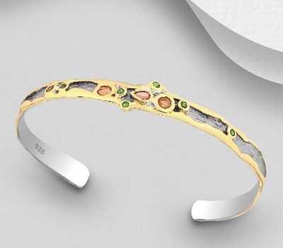 ADIORE JEWELS - 925 Sterling Silver Cuff Decorated with Orange Sapphire and Chrome Diopside, Plated With 3 Micron 22K Yellow Gold and Grey Ruthenium