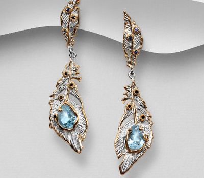 ADIORE JEWELS - 925 Sterling Silver Feather Omega Lock Earrings, Decorated with Blue Sapphire and Sky-Blue Topaz, Plated with 3 Micron 22K Pink Gold