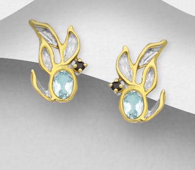 ADIORE JEWELS - 925 Sterling Silver Push-Back Earrings, Decorated with Blue Sapphire and Sky-Blue Topaz, Plated with 3 Micron 22K Yellow Gold