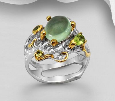 ADIORE JEWELS - 925 Sterling Silver Ring, Decorated with Peridot and Prehnite, Plated with 3 Micron 22K Yellow Gold and White Rhodium