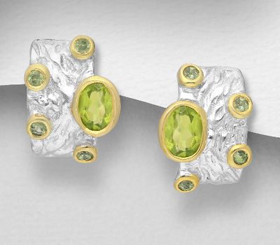 ADIORE JEWELS - 925 Sterling Silver Push-Back Earrings, Decorated with Green Sapphires and Peridots, Plated with 3 Micron 22K Yellow Gold and White Rhodium