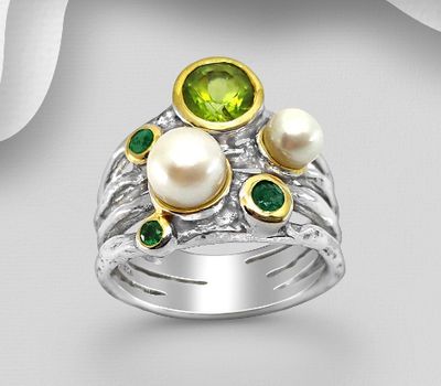 ADIORE JEWELS - 925 Sterling Silver Ring, Decorated with Freshwater Pearls and Emeralds, Plated with 3 Micron 22K Yellow Gold and Grey Ruthenium