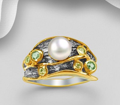 ADIORE JEWELS - 925 Sterling Silver Ring, Decorated with Freshwater Pearl and Green Sapphire, Plated with 3 Micron 22K Yellow Gold