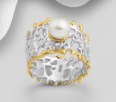 ADIORE JEWELS - 925 Sterling Silver Ring Decorated with Freshwater Pearl, Plated with 3 Micron 22K Yellow Gold and White Rhodium