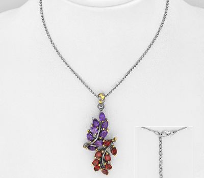 ADIORE JEWELS - 925 Sterling Silver Leaf Necklace, Decorated with Amethysts and Garnets, Plated with 3 Micron 22K Yellow Gold and Grey Ruthenium
