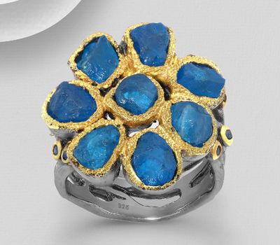 ADIORE JEWELS - 925 Sterling Silver Ring Decorated with Blue Sapphires and Blue Apatite, Plated with 3 Micron 22K Yellow Gold and Grey Ruthenium