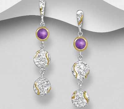 ADIORE JEWELS - 925 Sterling Silver Push-Back Earrings, Decorated with Amethyst, Plated with 3 Micron 22K Yellow Gold