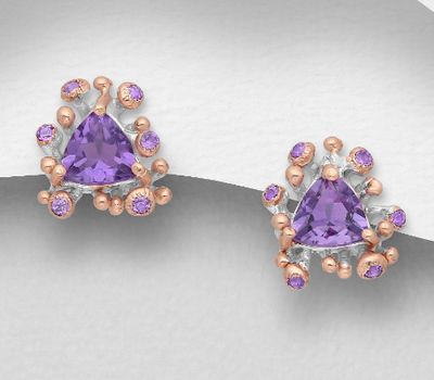 ADIORE JEWELS - 925 Sterling Silver Push-Back Earrings, Decorated with Amethyst, Plated with 3 Micron 22K Pink Gold and White Rhodium