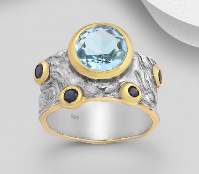 ADIORE JEWELS - 925 Sterling Silver Ring Decorated with Blue Sapphires and Sky-Blue Topaz, Plated with 3 Micron 22K Yellow Gold and Grey Ruthenium