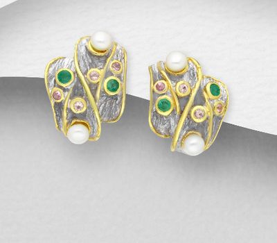 ADIORE JEWELS - 925 Sterling Silver Omega Lock Earrings Decorated with Emeralds, Pink Sapphires and Freshwater Pearls, Plated with 3 Micron 22K Yellow Gold and White Rhodium