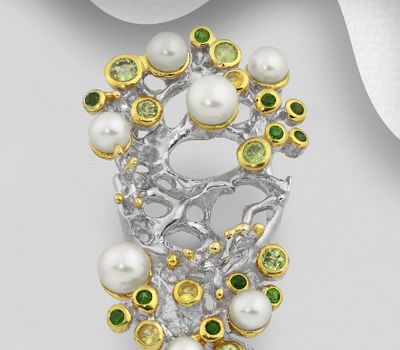 ADIORE JEWELS - 925 Sterling Silver Ring Decorated with Freshwater Pearls, Yellow Sapphires, Chrome Diopsides and Peridots, Plated with 3 Micron 22K Yellow Gold and White Rhodium